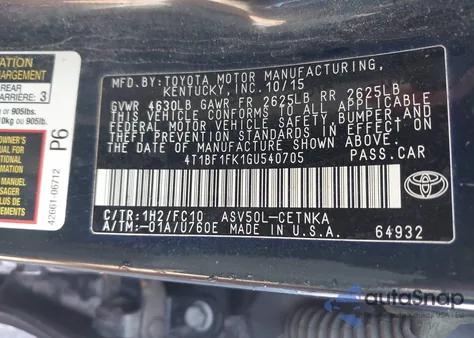 2016 Toyota Camry Le from USA, damaged, VIN 4T1BF1FK1GU540705